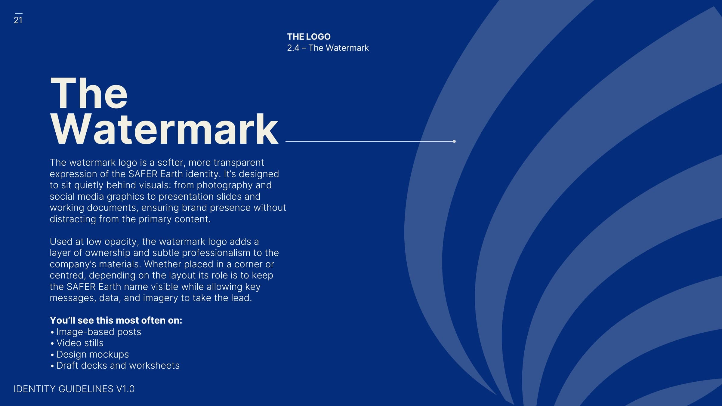 The watermark: the SAFER Earth mark used low-opacity behind photography and decks